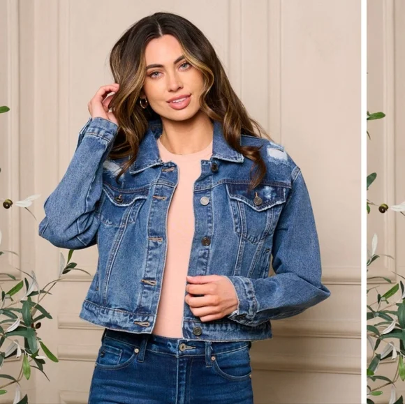 🌷WOMEN'S LONG SLEEVE BUTTON CLOSURE DISTRESS DENIM JACKET #075 - Picture 3 of 4